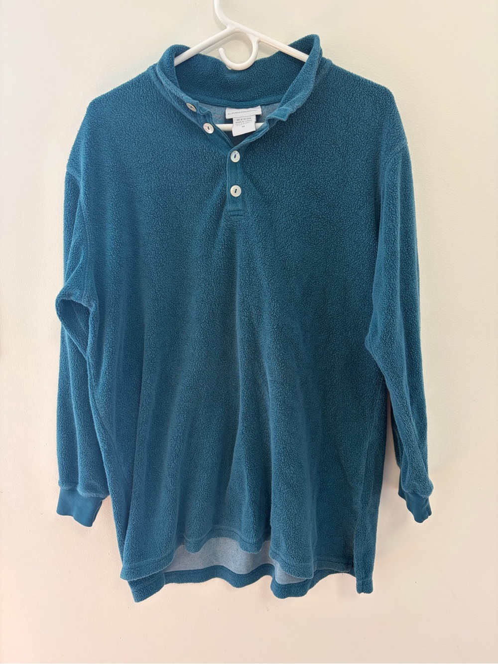Soft Surroundings Luxe Fleece Pullover Quarter Button Sweater Teal Mock Neck MED